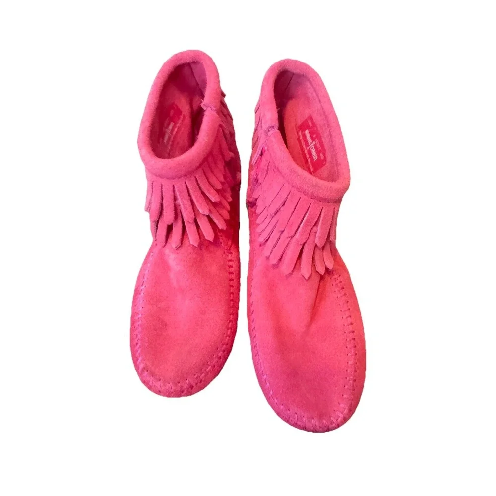 Minnetonka Pink Double Fringe Leather Ankle Boot Girl's Size 2 New w/o Box‎